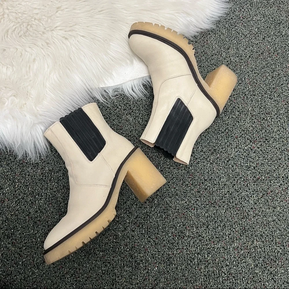 FREE PEOPLE Bone White Cream & Black Leather James Chelsea Chunky Heeled Boot 9 - Picture 7 of 16